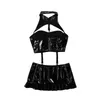 Culottes pour femmes Femmes Erotique Latex Mini Jupe Avec Halter Cutout Crop Top Clubwear Rave En Cuir Verni Outfit Sexy Wet Look B283v