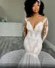 2021 Arabische ASO EBI Kant Beaded Sexy Trouwjurken Sheer Hals Mermaid Bridal Jurken Lange Mouwen Bruidsjurken ZJ234