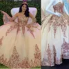 2021 Bling Rose Gold Sequined Lace Long Sleeves Quinceanera Dresses Ball Gown Sweetheart Crystal Beads Sequins Puffy Party Dress Prom Evening Gowns