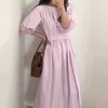 Korejpaa Kobiety Sukienka Korea Chic Lato Delikatne Elegancka O-Neck Solid Color Fold Waist Pięciopunktowy Rękaw Bubble Długi Vestido 210526