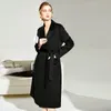 Women's Double Cashmere Wool Coat Turn Down Collar Waves Long Sleeves Fashion Winter Overcoat Outerwear with Belt
