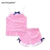 Mudkingdom Yaz Kızlar Pijama Set Pamuk Dantel Sevimli Polka Dots Fırfır Kız Kıyafet Kaşkorse Çocuk Giyim Şort 211130