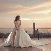 2021 Gorgeous Dubai Arabic Ball Gown Wedding Dresses Strapless Crystals Beads Lace Appliques Side Split Wedding Gowns Long Train Bride Dress