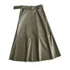 Jesień Zima PU Skórzana Spódnica Metal Łączenie A- Line Skirt Kobiet Wewnątrz Pas Midi Pu Skóra Długa Spódnica Kobiety 210514