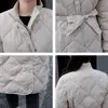 Vinter Solid Long Jacket Kvinnor Ställ Krage Med Sashes Kvinnors Parkas Tjock Bomull Barnad Outwear Casual Coats 210923