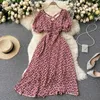 ファッション女性シフォン印刷半袖プリーツVネックAラインドレスレディー服韓国ヴィンテージvestidos R374 210527