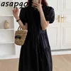 Chic coreano elegante rosa plisado o cuello puff vestido de manga corta mujeres suelta cintura alta moda vestido feminino primavera 210610