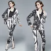 Fashion Women Flower Print 2 Pieces Sets Single Button Long Sleeve Blazer + Elastic Waist Pocket Pant Suits Autumn 210930