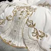 White Soft Satin Silk Cotton Gold Embroidery European Bedding Set Double Duvet Cover Bed Linen Lace Bed Skirt Pillowcases 210706