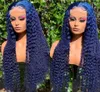 Long Curly Dark Blue Lace Front Human Hair Wigs Brazilian Deep Wave Synthetic Wig Glueless Pre Plucked With BabyHair