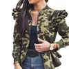 Otoño mujeres moda camuflaje volantes abrigo chaqueta invierno manga larga soporte collar breve abrigo hembra leopardo plaid cremallera ja