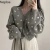 Damska Nikoz Tees Neploe Fall 2021 Kobiety Odzież Vintage Polka Dot Dzianiny Kartkowość Coat V-Neck Długi Rękaw Sueter Koreański Luźny sweter