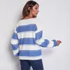 European American new Women's Knits & Tees blue Slash Neck Striped matching long sleeve knitted sweater loose autumn winter clothing