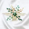 Headpieces Fashion Green Rhinestones Bride Hair Comb Pearls Crystal Handgjorda Bridal Headwear Golden Blom Bröllop Tillbehör