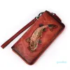 Designer-Portefeuilles Nesitu Highend Vintage Belle Noir Rouge Café Poisson Modèle En Cuir Véritable Femmes Portefeuille Téléphone Pochette Sac À Main