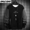 Single Road Crewneck Sweatshirt Men Embroidery Patchwork Oversized Japanese Streetwear Hip Hop Black Hoodie Men Sweatshirts 211014