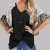 Sexy V-Neck Koronki Hollow Out Leopard Patchwork Nieregularne Rękaw Błyskawiczne Koszulki Kobiety Lato Casual Luźny Knot Oversize Topy 210604