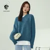 Fansilanen Elegant Blue Cashmere Stickad tröja Kvinnor V Neck Vintage Oversized Pullover Höst Winter Flame Jumper Top Kvinna 210607