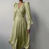 Robes décontractées Femmes Midi Robe Silk Satin 2021 AUTUMNE LONG LONG Vneck High Taist Solid Fashion Bureau Lady Elegant Female Robe2234835