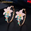 Colorful Cubic Zircon Gold Color Big Tassel Flower Charm Round Hoop Earrings for Women Luxury Designer Jewelry CZ718 210714