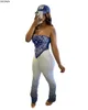 CM.yaya Kobiety Streetwear Dwuczęściowy Zestaw Bandanna Print Crop Top Ułożone Gradient Jogger Spodnie dresowe Suit Sport Dressuit Outfits Y0625
