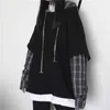 Deeptown Sudadera a rayas para mujer Estilo gótico negro Sudadera con capucha Patchwork Grunge Manga larga Jerseys a cuadros Moda coreana 211104