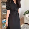 Yitimuceng Black Dresses for Women Sommar Knappar Koreansk Fashion Causal Mini Klänning Kort Puff Sleeve A-Line Sundress 210601