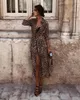 Nuove donne di stile vestono donne sexy leopardo chiffon manica lunga profondo scollo a V casual partito vintage Boho abito lungo spaccato moda Hot1