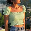 Women's Blouses & Shirts Ladies Tops Summer Fashion Knitted Women Shirt Blouse Ruffle Short Sleeve Slash Neck Female Mini Crop D30