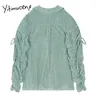 Yitimuceng Folds Bow Lace Up Blus Kvinnor Vintage Solid Skjortor Vår Mode Kläder Peter Pan Collar Långärmad Toppar 210601