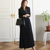 Nuovo Autunno Inverno Office Lady Runway Designer Donna Lungo Trench Coat con colletto dentellato Avvolgere Maxi cappotto nero Outwear T200114