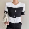 Korejpaa Frauen Jacken Sommer Koreanische Chic Damen Retro Temperament Rundhals Kontrast Nähte Lose Kurzarm Mantel 210526