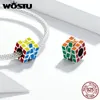 WOSTU Original Design 925 Sterling Argent Coloré Cube Charme Émail Perle Pendentif Fit Bracelet En Argent Collier Bijoux CQC1640 Q0531