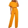 Jumpsuits femininos Macacões de verão roupas para mulheres manga curta playsuit sólido clubwear pão de perna reta solta com cinto C0415