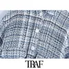 TRAF Women Fashion With Pocket Tweed Jacket Coat Vintage Long Sleeve Button-up Female Outerwear Chic Overshirt 210928