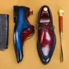 Zapatos de vestir de cuero de vaca italiano de marca de lujo para hombre nueva moda con cordones azul rojo Oficina de boda zapatos Oxford formales para hombres