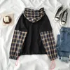 BF Style Patchwork Sweat Femmes Casual Manches Longues À Capuche Plaid Mode Pull Femme Coton Noir Poche Coton Tops 201102