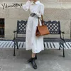 Yitimuceng White Dresses for Women Ruched Button Up Korean Fashion Simple Elegant Midi Dress Långärmad Vår Sommar 210601