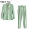 Wesay Jesi Women's Fashion Blazer Office Suit Pantsuit Simple Solid Color Suit Collar Long Sleeve + Trousers 2 Piece Set Blazer 211101