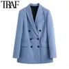 Traf女性のファッションダブルブレストルースフィッティングブレザーコートビンテージ長袖ポケット女性の上着シックなベステフェムミ210930