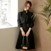 Elegant Women Autumn Winter Vintage Style Stand Collar Long Sleeve Casual Work Party Wear A-line Midi Flare Dresses 210603