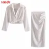 Tangada женские набор ретро женский элегантный белый свободный урожай рубашки и совпадение MIDI юбка 3H545 210609