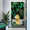 Pintura de entrada verde, imágenes artísticas de pared de pájaro y barco dorado para sala de estar, decoración del hogar, carteles de plantas tropicales, impresiones en lienzo