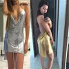 MillionAiress Metal Mesh Dress Diamond Straps Sexig Deep-V Halter Party Backless Gold Silver Kvinnor Dress1