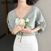 Chemisier en mousseline de soie réversible minimaliste vert hauts filles Chic femmes croisé simple boutonnage solide élégant chemises 210601