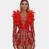 Col en V profond robes de bal courtes avec des plumes à manches longues robes de soirée en dentelle Applique Sequin Mini Party vestido de novia