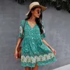 ボヘミアの花柄プリント夏のドレス女性の深いVネック半袖ドレスセクシーなカジュアルな緩いMidiドレスのための女性Plus Siz 210712