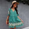 Bohemian Floral Print Summer Dress Women's Deep V Neck Short Sleeve Dresses Sexy Casual Loose Midi Dress for Women Plus Siz 210712