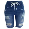 Summer Distressed Bermuda Denim jeans Shorts Women Knee Length Stretch Short Hole Lace Up High Elastic Waist Blue Capris6132569