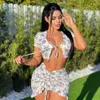 Summer Print Bandage Tracksuit Women Two Piece Ruffles Skirts Sets Suits Sexy Lace Up Crop Top and Short Skirt Matching Sets 210625